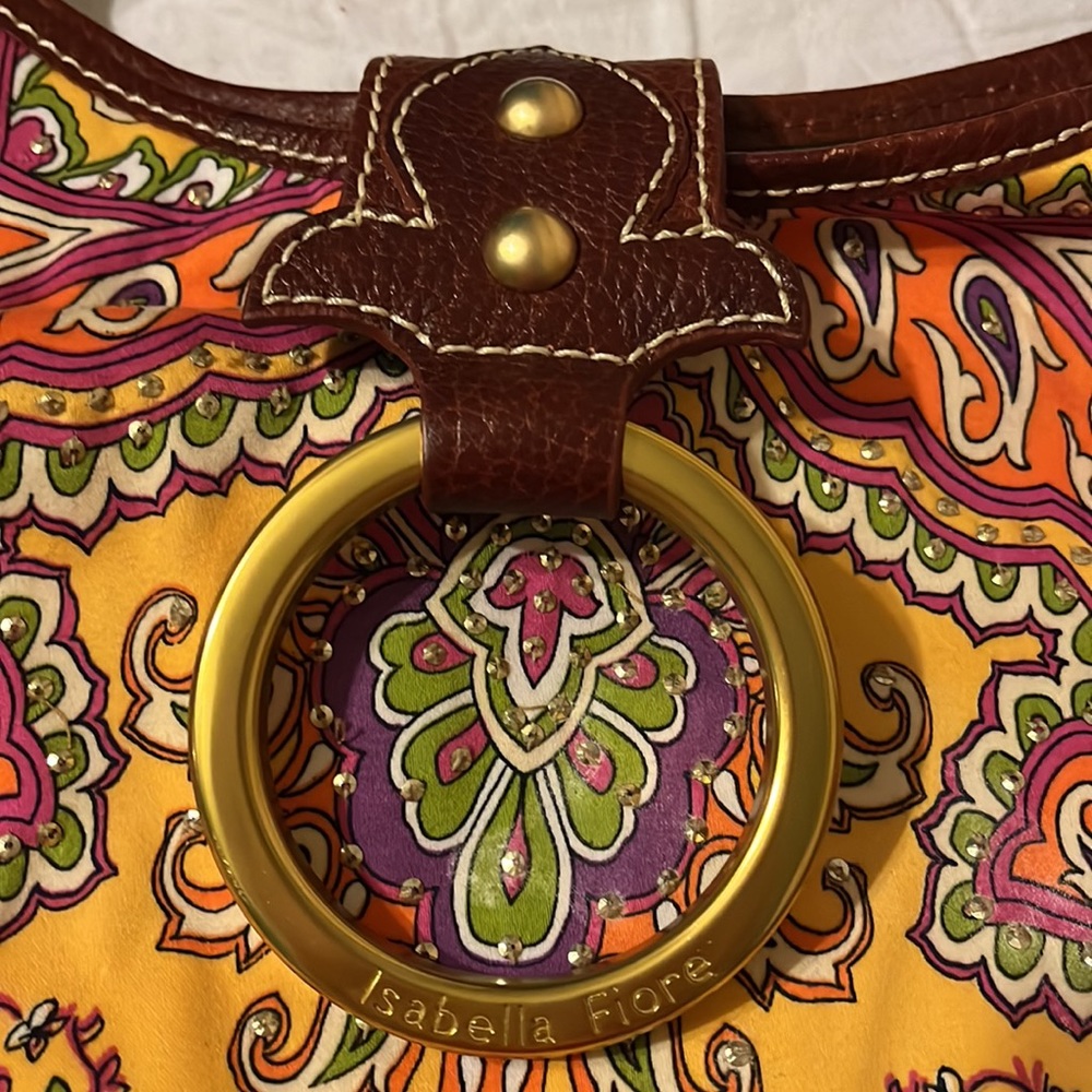Isabella Fiore Cheerful Fabric and Leather Brass Studded Baguette Shoulder Bag - Picture 2 of 16
